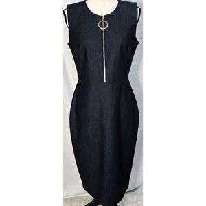 Calvin Klein Sheath Dress Navy Blue Gold Zipper Sleeveless Business Work